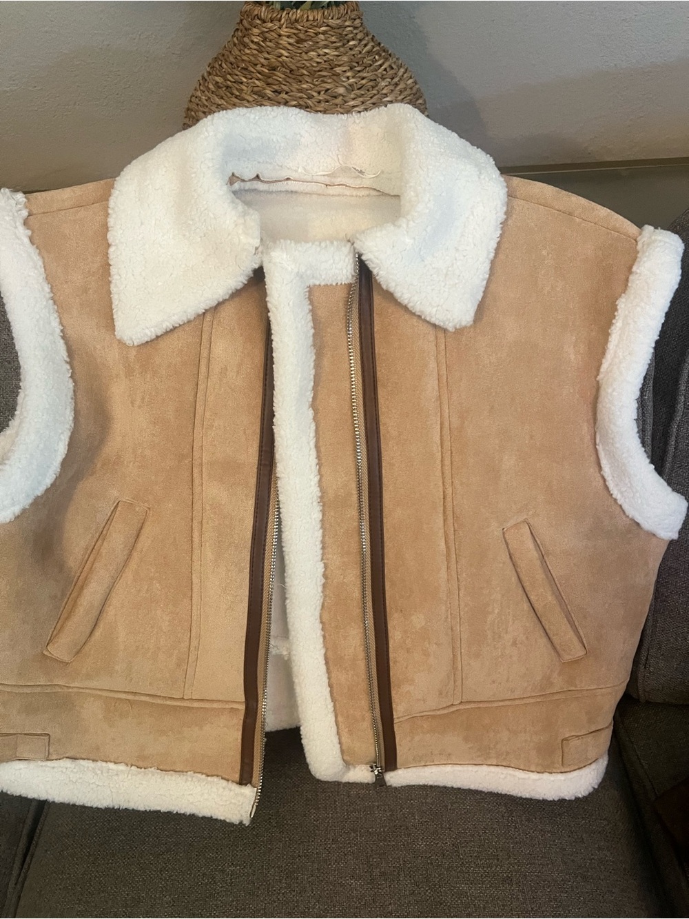 Altar'd State Cream Sherpa-Lined Vest with Tan Trim